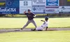 Chugiak-Eagle River Chinooks infielder Aaron Schackleford makes the play at second and the throw to first as former Mat-Su Miner Jacob Hughey slides into second during the 2016 season. Schack