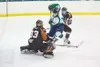 Avalanche forward Matt Friese gets tangled up with the goalie
Thursday during their game against the Dawson City Rage at the
Palmer Ice Arena. (ROBErT DeBERRY/Frontiersman)