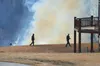 Homeowners use garden hoses to spray water on a grass fire trying to push its way up the hill toward their homes on Morning Mist Drive. Courtesy Dawn McLinn