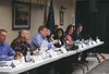 Senator Bill Stolze addresses the audience at a Town Hall meeting at the Wasilla Senior Center in 2015. Representatives Lora Reinbold (District 26), Jim Colver (District 9), Shelley Hughes (D