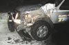 This Alaska State Troopers vehicle shows severe damage where it was hit by a motorist while parked early Sunday morning. The vehicle was unoccupied when someone hit the vehicle, then fled, AS