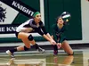Colony's Mikara Klawitter, left, and Ellie Lessard, right, go for the ball during the Knights' match against Kenai Central on Friday, Oct. 16, 2015. Matt Tunseth/Frontiersman.com