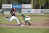 Peninsula Oilers right fielder Brian Ruhm is out at first on a close play made by Miners first baseman Jake Scudder in the first inning Wednesday at Coral Seymour Memorial Park in Kenai. The 