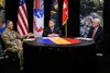 Gen. Paul E. Funk II, commanding general, U.S. Army Training and Doctrine Command (left), hosted retired Army Gen. Carter F. Ham, president and chief executive officer, Association of the Uni