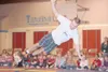LANIER HUTCHESON/Frontiersman Slack liner Josh Beaudoin balances
in a yoga pose for Tanaina Elementary School students during a
recent demonstration.
