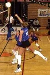 Palmer's Emily Sakis registers a kill on the first play of the
first game of Palmer's 3-1 win over Homer in the 2002 ASAA State
Volleyball Tournament Saturday. Photo by JEREMIAH BARTZ/
Fronti