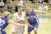 East guard Sheena Pio tries to force the ball past Palmer guards
Matti Cox, left, and Sarah Svedin, right, during the Thunderbirds’
first-round win over the Moose on Thursday. ROBERT DEBERRY/