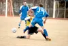 Palmer junior midfielder Rory Egelus tries to move the ball past
a Soldotna midfielder during Palmer's 2-0 win over Soldotna at
Palmer High School on Friday. Photo by JEREMIAH BARTZ/
Frontier
