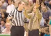 ROBERT DeBERRY/Frontiersman Former Colony boys basketball head
coach Jeff Bowker speaks with a referee during a game against
Palmer late in the 2009-10 season. After 19 years with the program