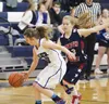 Palmer's Kaylee King picks up a loose ball during a 63-4 win over North Pole Thursday at Palmer High. JEREMIAH BARTZ/Frontiersman