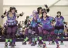 The Valley’s own Denali Destroyer Dolls take to the oval track during a break in the action at a roller derby match between the Devil’s Club and the Sockeye Sally’s at the Curtis D. Menard Me