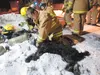 Central Mat-Su firefighter Richard Harrob hooks up an oxygen mask to a dog that was pulled from a house fire in the Valley Trails subdivision in Palmer Monday evening. An explosion at the res