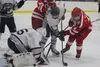 Wasilla forward Dillon Matson tries to force a puck past Eagle River goalie Ryan Gray during a 5-4 loss to the Wolves in the first round of the ASAA First National Cup Thursday at the Menard 