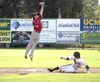 Chugiak's Alec Beaman leaps to make the grab of a high throw to second during a loss to the Miners. Jeremiah Bartz/Chugach Times