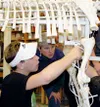 Burchell student Bill Kelly shows Alaska Department of Fish and
Game Wildlife Education Coordinator Robin Dublin how to put
together the moose skeleton. Photo by CASEY
RESSLER/Frontiersman.