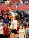 Wasilla's Kamryn Broach tips the ball over the net during a 3-1 victory over the Colony Knights Tuesday at Wasilla High School. Courtesy of Bruce Eggleston/matsusports.net