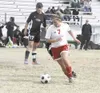 Wasilla senior Amy Jo Coonrod takes the ball and turns upfield
during a 4-1 overtime win over Nikiski in the Northern Lights
Con-ference quarterfinals. Coonrod scored the go-ahead goal.
JEREM