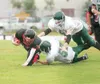 ROBERT DeBERRY/Frontiersman Houston sophmore Brandon Dukes
reaches for additional yardage during the Hawks 47-8 win over the
Delta Huskies Saturday at Houston High School.