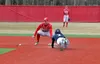 Wasilla infielder Ben Werner tries to catch the ball off a hop at second base during a 10-7 win over Soldotna at Wasilla High School Saturday, April 28, 2018. JEREMIAH BARTZ/ Frontiersman