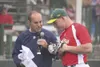 Former Mat-Su Miners catcher Adam Martin, right, chats with fomer Anchorage Glacier Pilots general manager Jon Dyson during the 2011 Alaska Baseball League Home Run Derby. Martin bested 13 op
