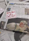 The Alaska Public Offices Commission says this sticker ad on the
front of the Feb. 5 Mat-Su Valley Frontiersman should have included
a ‘paid for by’ disclaimer. A complaint about the ad, howe