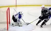 Palmer goalie TJ O’Rourke makes a save on a Galen Brantley III shot during a 2-0 loss to the Stars Friday at the MTA Events Center in Palmer. Tim Rockey/Frontiersman