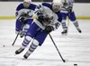 Palmer's Nathan Hooks skates the puck up the ice during a 4-2 win over the North Pole Patriots in the first round of the Division II state hockey tournament Thursday in Wasilla. Jeremiah Bart