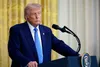 President Donald Trump delivers remarks during a joint press conference with French President Emmanuel Macron in the East Room at the White House on Feb. 24, 2025, in Washington, D.C. (Photo 
