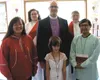 Newly confirmed members of St. David’s Episcopal Church are Janet Afcan, Kayla Seutter and James Afcan. Not pictured are Kelly and Michael Shepler, who were also confirmed. In the center is T
