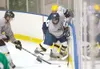 ROBERT DeBERRY/Frontiersman A trio of players battle for a puck
along the boards. The Palmer-based Junior A hockey squad officially
starts the season Sept. 10 when the Avs host the Kenai Rive