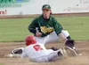 Mat-Su Miners shortstop Josh Bissonette tries to catch the ball on a hop as Jeffrey Chapuran slides into second during a 2-0 loss to the Peninsula Oilers June 9, 2016, in Kenai. Jeff Helminia