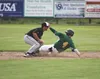 Mat-Su Miners infielder Nick Blaser tries to slide into second base before the tag during a game against the Anchorage Bucs July 27 at Hermon Brothers Field in Palmer. Jeremiah Bartz