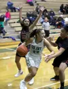 Colony’s Vivian Sonnenberg drives the baseline during a win over East Anchorage Jan. 9. Courtesy of Bruce Eggleston/matsusports.net