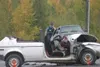 JEREMIAH BARTZ/Frontiersman The 19-year-old pregnant driver of
this Plymouth Horizon was seriously injured and lost her baby
following a collision with a Chevy Blazer on the Parks Highway on

