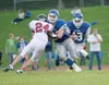 ROBERT DeBERRY/Frontiersman Douglas Chadwick, right, follows the
block of David Sorenson during a loss to Juneau-Douglas earlier
this year. Palmer (3-2) hosts West Valley tonight at 7 p.m.