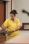 Amber Watford appears in court during her Thursday afternoon bail hearing. Watford was about eight months pregnant when she stole an Alaska State Troopers patrol vehicle with her husband Josh