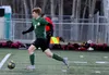 Colony senior Noah Krozel drives the ball up the field during a 2-1 win over Dimond Thursday, April 11, 2019, at Colony High School. Jeremiah Bartz/Frontiersman