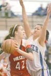 ROBERT DeBERRY/Frontiersman Palmer forward Amy Tzou puts the
pressure on Wasilla Warrior Kelsey Cottle during the third period
of Saturday's game at Palmer High School.