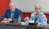Mat-Su Borough Manager Mike Brown and Mayor Edna DeVries during a Mat-Su Assembly budget meeting April 26 at the Menard Arena in Wasilla. J. David McChesney/Frontiersman