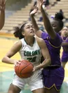 Former Colony girls basketball standout Indiya Clarke battles underneath the basket during a game against Lathrop in 2020. Clarke is returning to Alaska to play for UAA. Bruce Eggleston/matsu