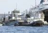 Southeast Stevedoring tug Jennie B. frees the ferry M/V Susitna from dry dock in Ketchikan. The M/V Susitna was built by the Navy as a military prototype of an ice-breaking catamaran that cou