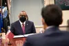 Secretary of Defense Lloyd J. Austin III delivers remarks during a bilateral meeting with Qatari Emir Sheikh Tamim bin Hamad Al Thani at the Pentagon, Washington, D.C., Jan. 31, 2022. (DoD ph