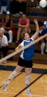 Senior right side hitter Ashley Mills records a hit during the
second game of the Palmer win. Palmer won the match 3-0 (25-20,
23-20, 25-20). Photo by JEREMIAH BARTZ/ Frontiersman.