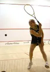 CASEY RESSLER/Frontiersman Sarah Fitz-Gerald, considered one of
squash's all-time greats, hits a shot Saturday at Moosewood Squash
Centre.