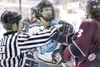ROBERT DeBERRY/Frontiersman file photo Alaska Avalanche forward
Matt Friese exchanges words with a Fairbanks Ice Dog as an official
tries to separate them.