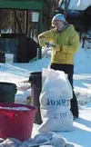 Veteran Iditarod dog musher Dee Dee Jonrowe makes preperations
to run in the 2004 Iditarod Sled Dog Race. This year Jonrowe will
compete in the Last Great Race for the 22nd time. Photo by JOD