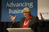 University of Alaska President Pat Pitney gestures while speaking to the Anchorage Chamber of Commerce on March 11, 2024. She apologized to affected staff in an email last week. Yereth Rosen/