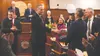 Gov. Mike Dunleavy shakes hands with Rep. Frank Tomaszewski, R-Fairbanks, as he exits the House chambers after his State of the State address on Jan. 23, 2026. (Photo by Claire Stremple/Alask