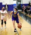 Susitna Valley's India Roderick brings the ball down the floor during a state semifinal win over Chevak. Courtesy of Bruce Eggleston/matsusports.net
