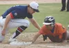 Alaska 20 first baseman Tanner Ussing applies a late tag to Palmer's Drake Gallagher on Saturday, July 11, 2020, at the Soldotna Little League fields in Soldotna, Alaska. jeff Helminiak/Penin